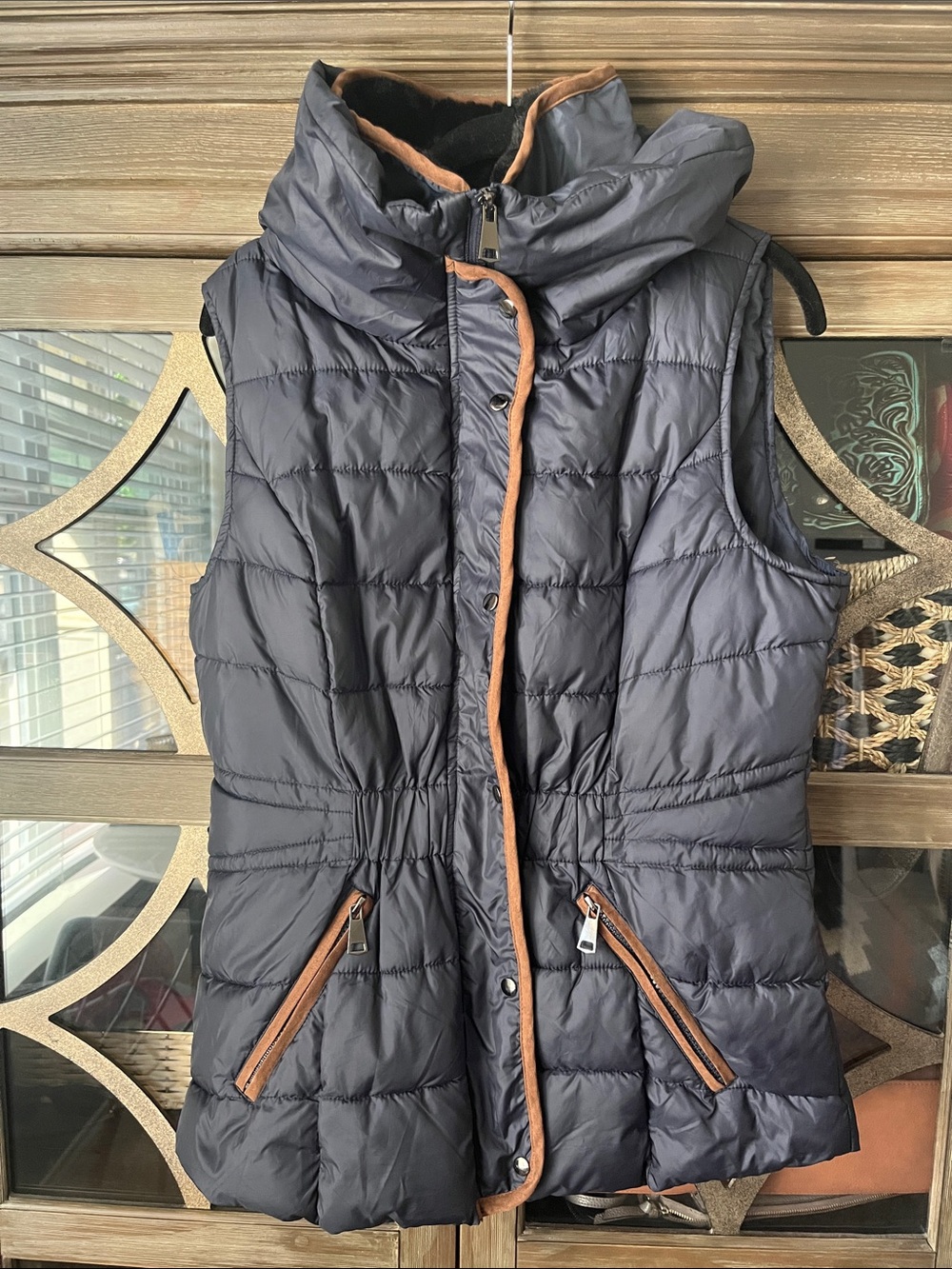 Charlie Paige Navy Quilted Puffer Vest with Faux Suede Brown Trim